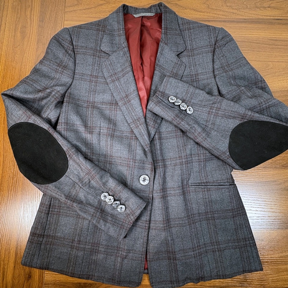 Tom James Holland & Sherry Bespoke Grey Plaid Wool Blazer Elbow Patches Luxury - Picture 4 of 13